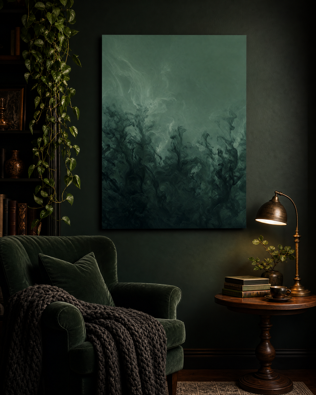 Turbulent Ink Diffusion — Jade Mist Canvas