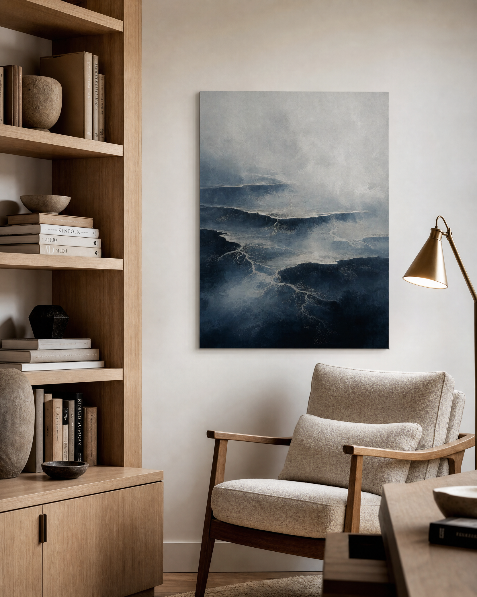 Slate Horizon Terraced Estuary — Blue Japandi Canvas