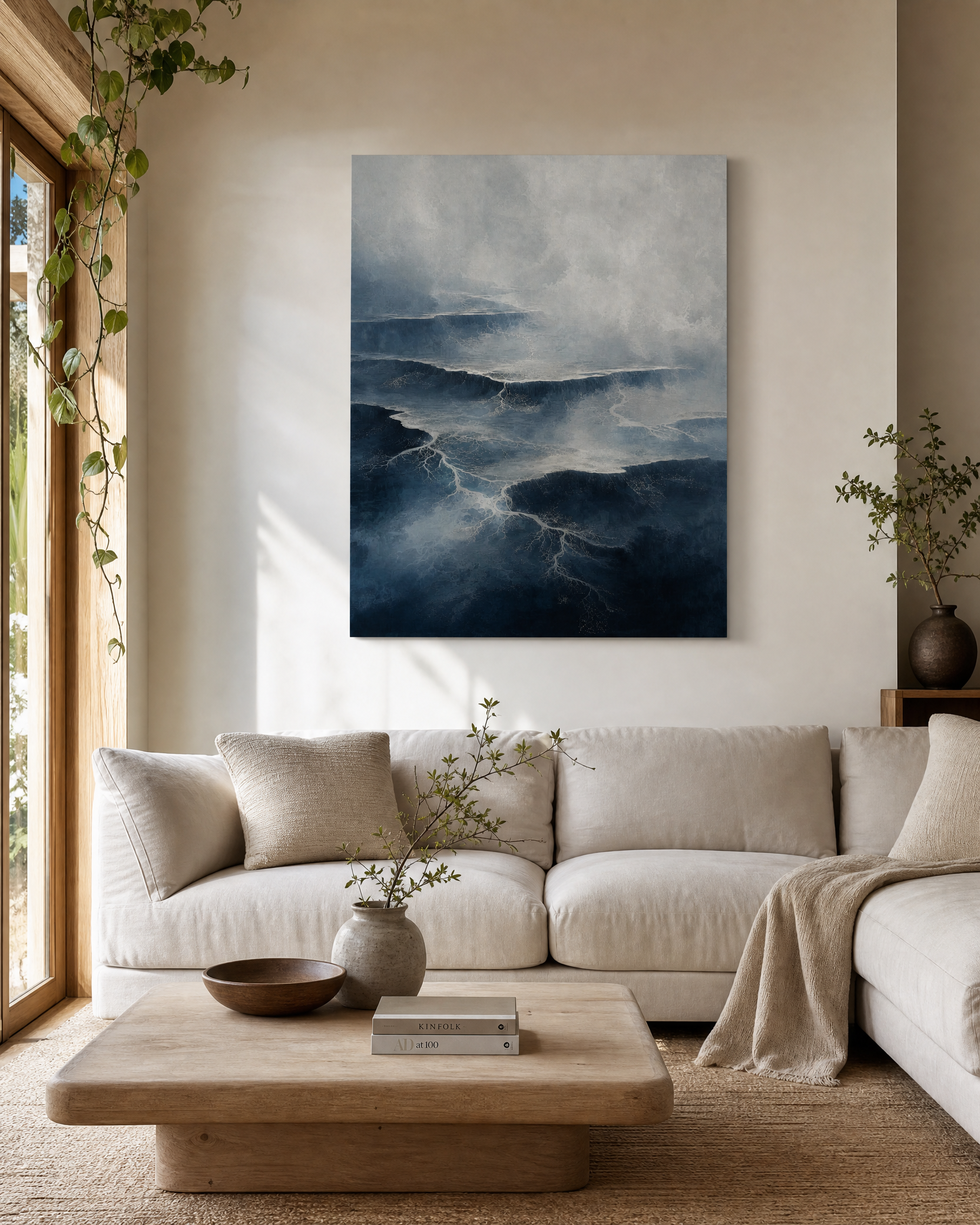 Slate Horizon Terraced Estuary — Blue Japandi Canvas
