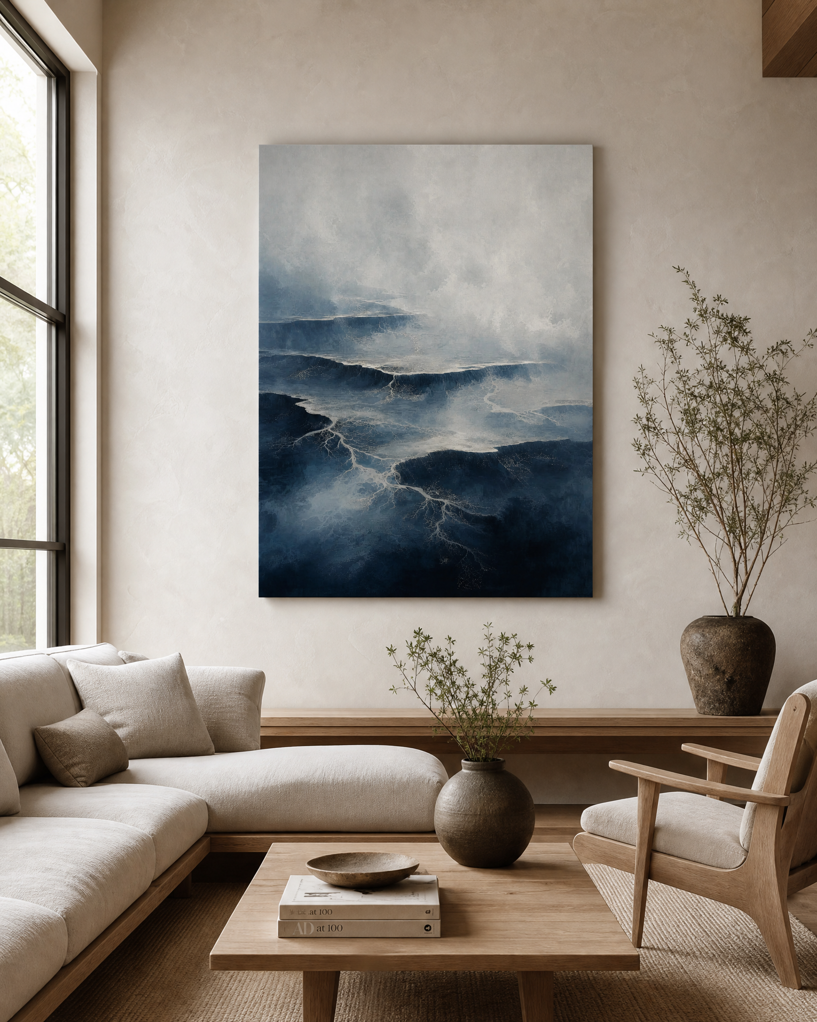 Slate Horizon Terraced Estuary — Blue Japandi Canvas